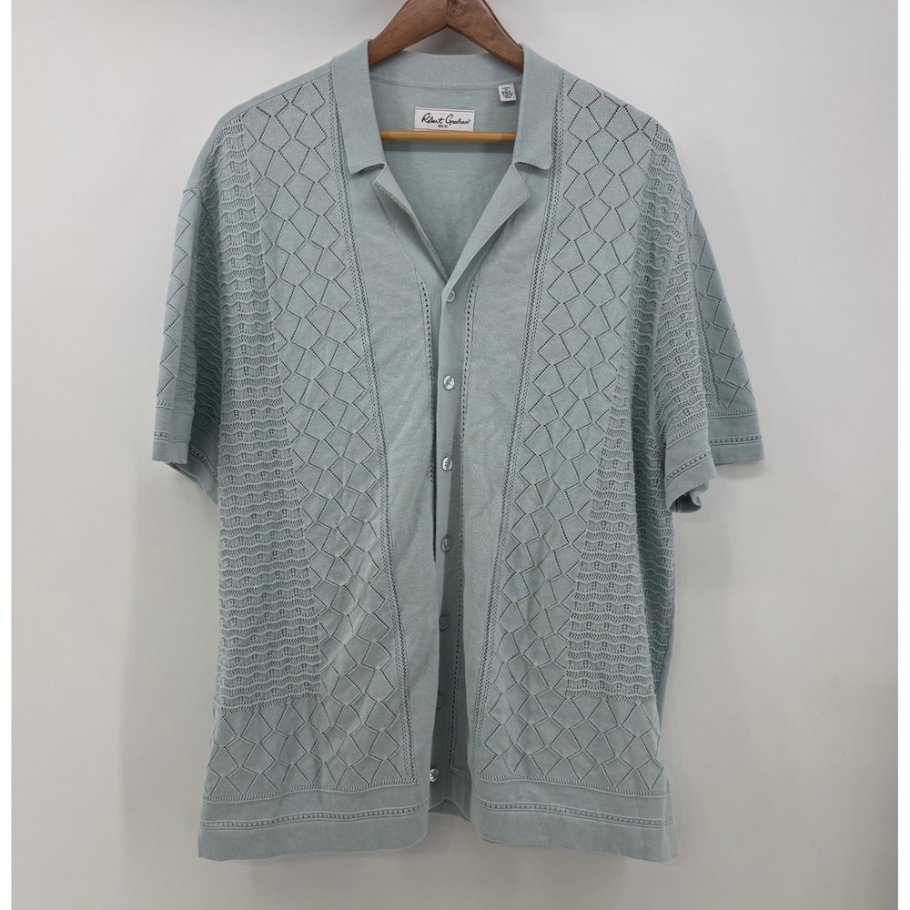 Robert Graham Delmar Knit Sweater Men's 3XL Short Sleeve Light Teal Button Down
